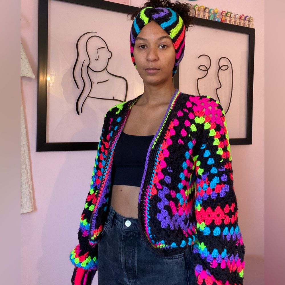 Handmade Crochet Cardigan with Matching Winter Headband Set - Picture 4 of 12